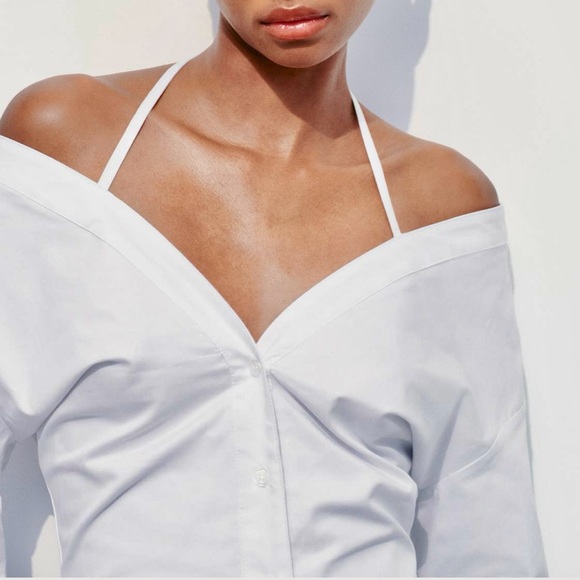 Zara NWT gabardine white off the shoulder button front trench coat shirt dress - Picture 3 of 10